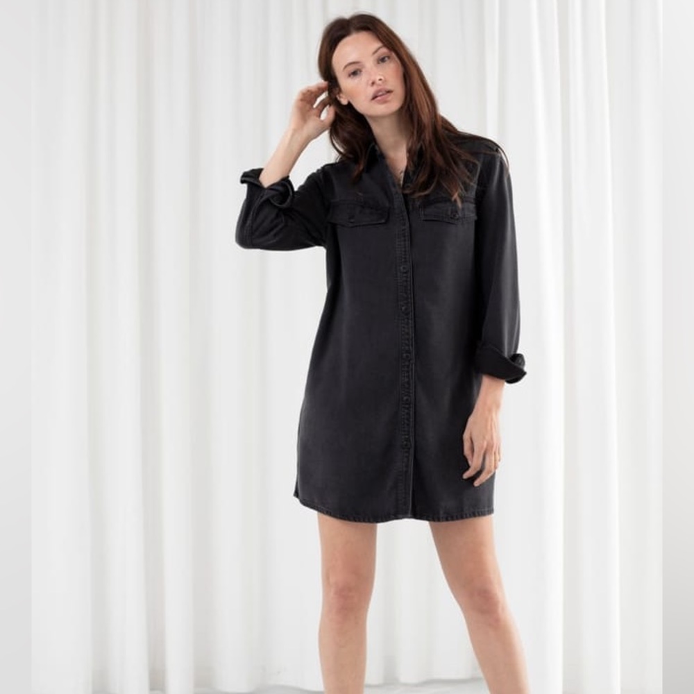 & other stories black denim shirt dress